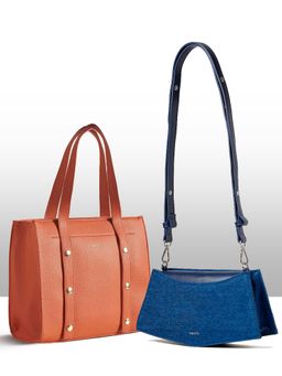 THESTO - Tan Adjustable Tich Button Tote and Blue You Crossbody Bag (XL)