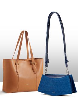 THESTO - Brown Classic Handle Tote and Blue You Crossbody Bag (XL)