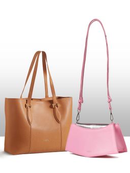 THESTO - Brown Classic Handle Tote and Pink You Crossbody Bag (XL)
