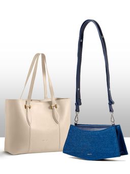 THESTO - White Classic Handle Tote and Blue You Crossbody Bag (XL)