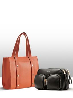 THESTO - Black Functional Multi Pocketed Sling and Tan Adjustable Tich Button Tote (M)