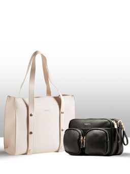 THESTO - Black Functional Multi Pocketed Sling and White Adjustable Tich Button Tote (M)