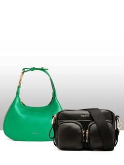 THESTO - Black Functional Multi Pocketed Sling and Green Structured Hobo (M)