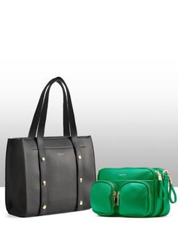 THESTO - Green Functional Multi Pocketed Sling and Black Adjustable Tich Button Tote (M)