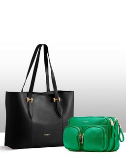 THESTO - Green Functional Multi Pocketed Sling and Black Classic Handle Tote (M)