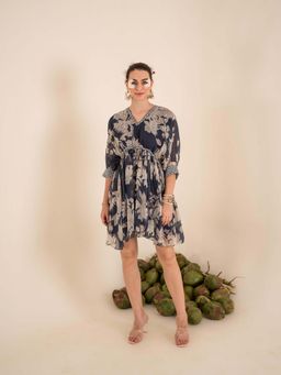 Sshilpa Samriya - Indigo Blue Floral Print V Neck Mini Dress