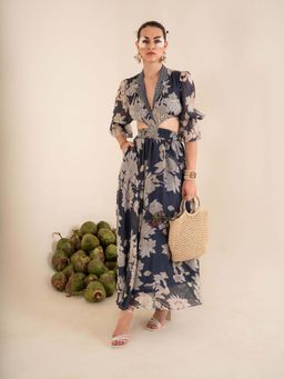 Sshilpa Samriya - Indigo Blue Floral Print Collar Neck Maxi Dress