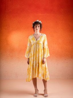 Sshilpa Samriya - Corn Yellow Floral Print Midi Dress