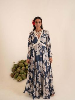 Sshilpa Samriya - Indigo Blue Floral Print V-Neck Maxi Dress