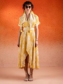 Sshilpa Samriya - Corn Yellow Floral Print Midi Dress (Set of 2)