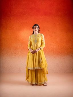 Sshilpa Samriya - Corn Yellow Hand Embroidered Kurta with Palazzo and Dupatta (Set of 3)