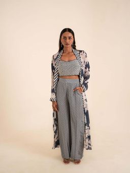 Sshilpa Samriya - Indigo Blue Printed Jacket and Blouse with Pant (Set of 3)