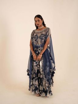 Sshilpa Samriya - Indigo Blue Embroidered Cape with Sharara and Bustier (Set of 3)