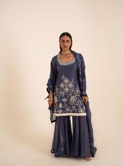 Sshilpa Samriya - Indigo Blue Embroidered Kurti with Sharara and Dupatta (Set of 3)