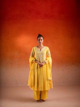 Sshilpa Samriya - Corn Yellow Embroidered Kurta with Pant and Dupatta (Set of 3)