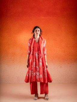 Sshilpa Samriya - Georgia Peach Embroidered Anarkali with Pant and Scarf (Set of 3)