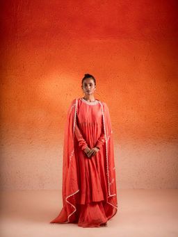 Sshilpa Samriya - Georgia Peach Embroidered Kurta with Palazzo and Dupatta (Set of 3)