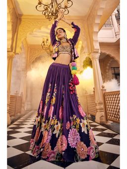 Sshilpa Samriya - Purple Floral Print Embroidered Blouse with Lehenga and Jacket (Set of 3)