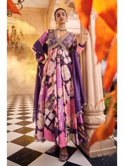 Sshilpa Samriya - Purple Embroidered V Neck Anarkali with Dupatta (Set of 2)