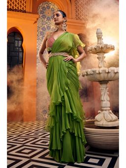 Sshilpa Samriya - Embroidered Printed Pre Drape Saree with Stitched Blouse and Belt