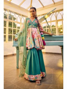 Sshilpa Samriya - Multicolor Embroidered Peplum Kurti with Sharara and Dupatta (Set of 3)