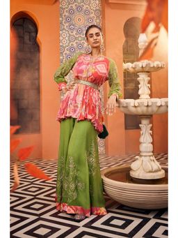 Sshilpa Samriya - Multicolor Embroidered Peplum Kurti with Palazzo and Belt (Set of 3)