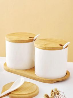 Ekhasa - Ceramic Canister Set with Wooden Spoon White (Set Of 2)