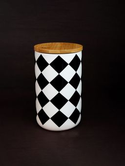 Ekhasa - Ceramic Jar With Bamboo Lid Black &White Diamond Pattern 1000Ml