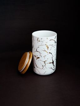 Ekhasa - Multipurpose Ceramic Jar With Bamboo Lid White With Print 1000Ml