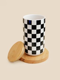 Ekhasa - Ceramic Jar With Bamboo Lid Black & White Square Pattern 1000Ml