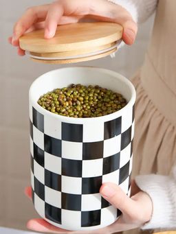 Ekhasa - Ceramic Jar With Bamboo Lid Black White Square Pattern 800Ml