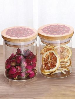 Ekhasa - Borosilicate Jar Set With Printed Bamboo Lid 300Ml (Pack Of 2)