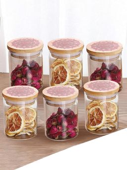 Ekhasa - Borosilicate Jar Set With Printed Bamboo Lid 300Ml (Pack Of 6)