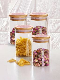 Ekhasa - Borosilicate Jar Set With Printed Bamboo Lid 1000Ml (Pack Of 4)