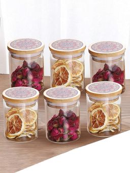 Ekhasa - Borosilicate Jar Set With Printed Bamboo Lid 300Ml (Pack Of 6)