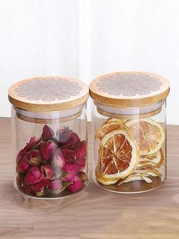 Ekhasa - Borosilicate Jar Set With Printed Bamboo Lid 300Ml (Pack Of 2)
