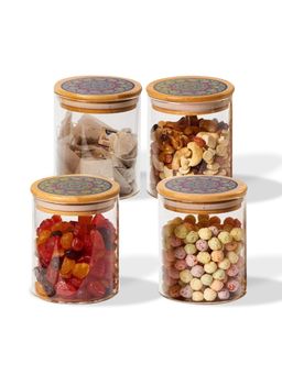 Ekhasa - Borosilicate Jar Set With Printed Bamboo Lid 1000Ml (Pack Of 4)