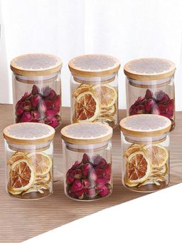 Ekhasa - Borosilicate Jar Set With Printed Bamboo Lid 300Ml (Pack Of 6)