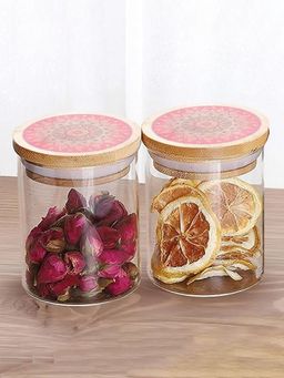 Ekhasa - Borosilicate Jar Set With Printed Bamboo Lid 300Ml (Pack Of 2)