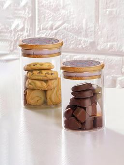 Ekhasa - Borosilicate Jar Set With Printed Bamboo Lid 600Ml (Pack Of 2)