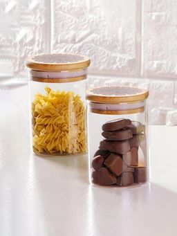 Ekhasa - Borosilicate Jar Set With Printed Bamboo Lid 600Ml (Pack Of 2)