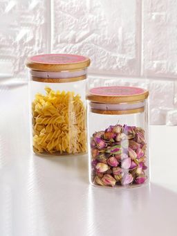 Ekhasa - Borosilicate Jar Set With Printed Bamboo Lid 600Ml (Pack Of 2)