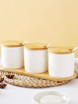 Ekhasa - Ceramic Jar With Bamboo Lid, Spoon & Tray, White, 250Ml