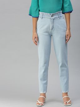 SHOWOFFFF - Women Low Distress Blue Mom Fit Denim Jeans