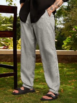 The Souled Store - Grey Linen Blend Straight Fit Solid Straight Leg Trouser