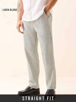 The Souled Store - Grey Linen Blend Straight Fit Solid Straight Leg Trouser
