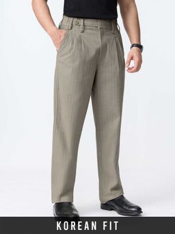 The Souled Store - Khaki Polyviscose Straight Fit Stripes Straight Leg Trouser