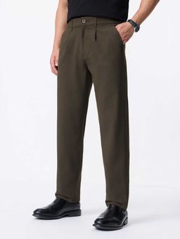 The Souled Store - Olive Polyviscose Straight Fit Solid Straight Leg Trouser