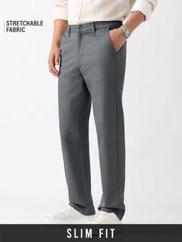 The Souled Store - Grey Cotton Blend Slim Fit Solid Slim Leg Trouser