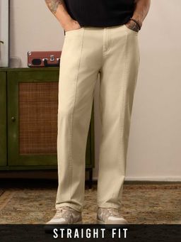The Souled Store - Beige Cotton/Elastane Straight Fit Solid Straight Leg Trouser